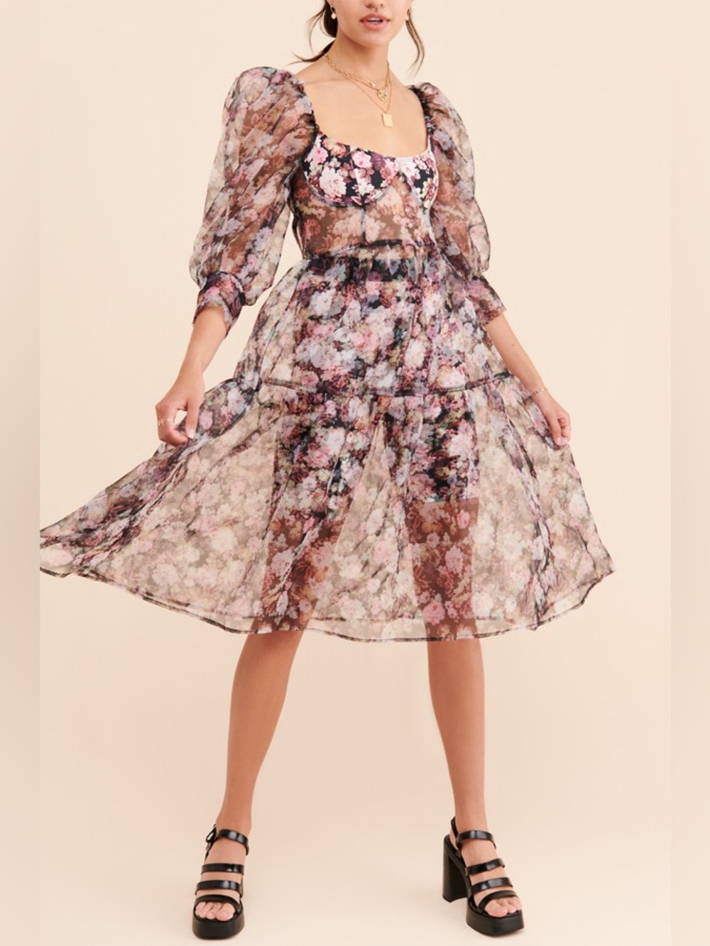 For Love & Lemons Faye Floral Sheer Dress with Bike Shorts